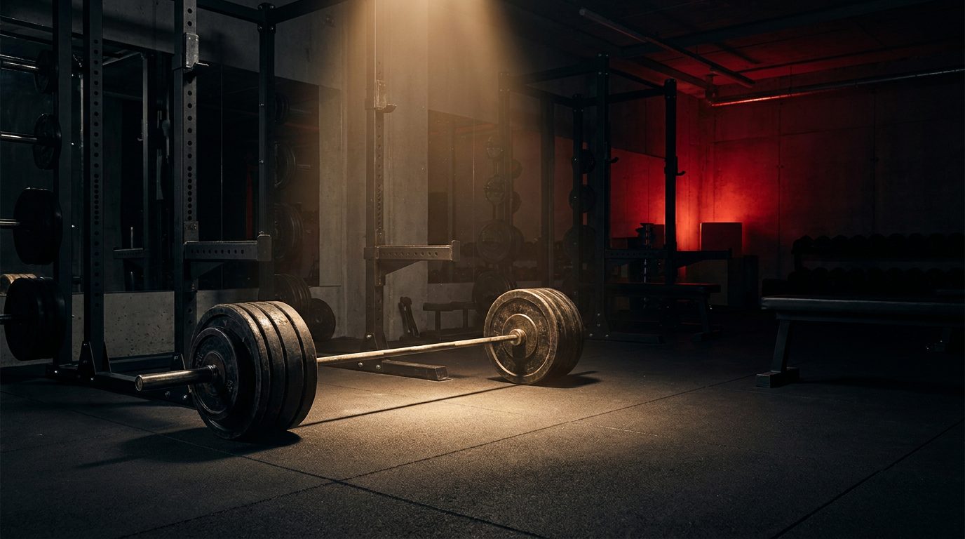 A dramatic strength-training gym with a loaded barbell